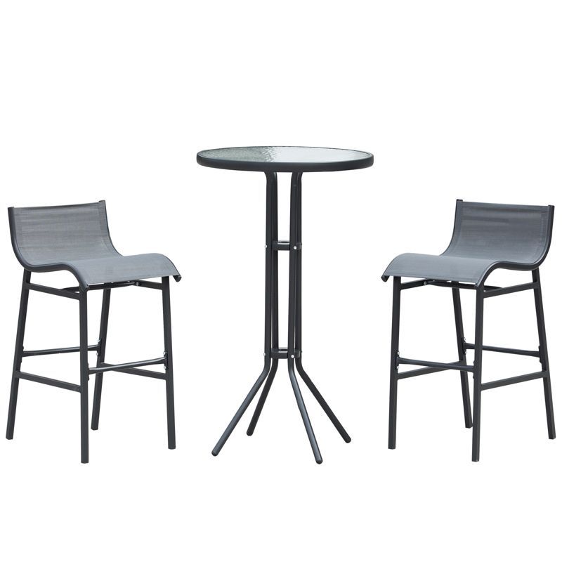 Charcoal Gray Metal Bar Height Outdoor Bistro Set with Tempered Glass Top