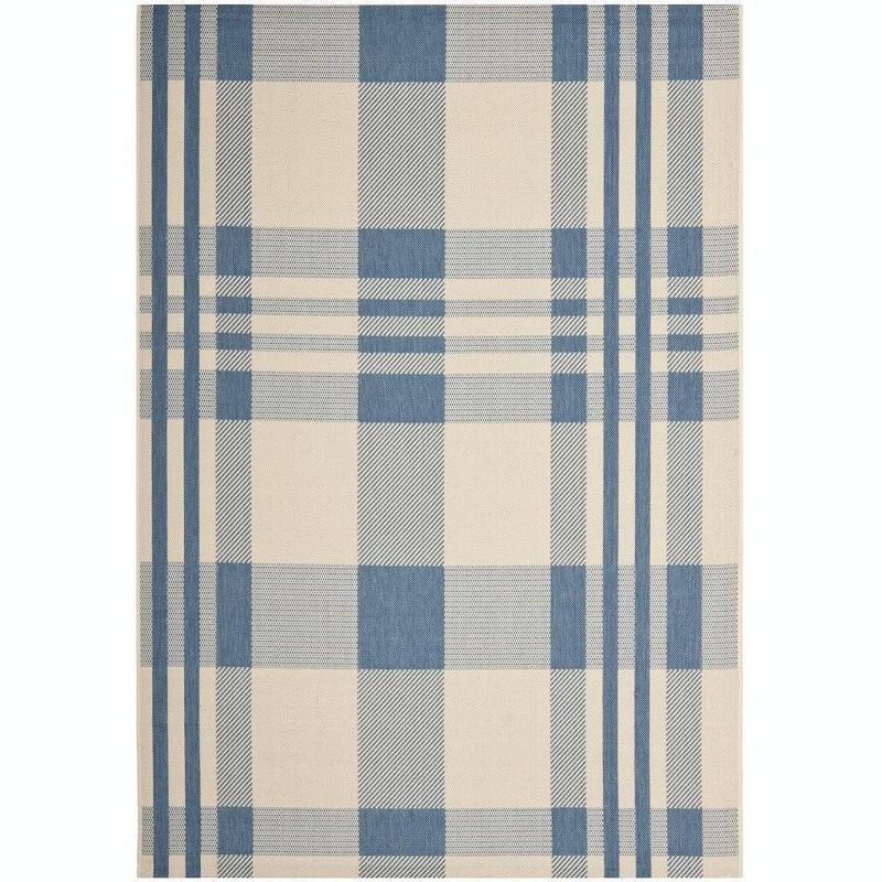 Beige and Blue Plaid Synthetic Indoor/Outdoor Area Rug