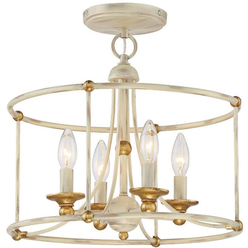 Farmhouse White and Gold 4-Light Glass Drum Ceiling Fixture