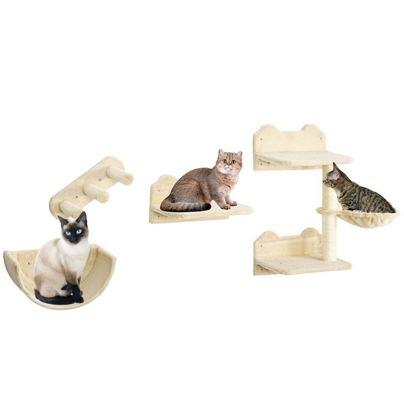 Beige Sisal Wall-Mounted Cat Tree with Hammock and Platforms