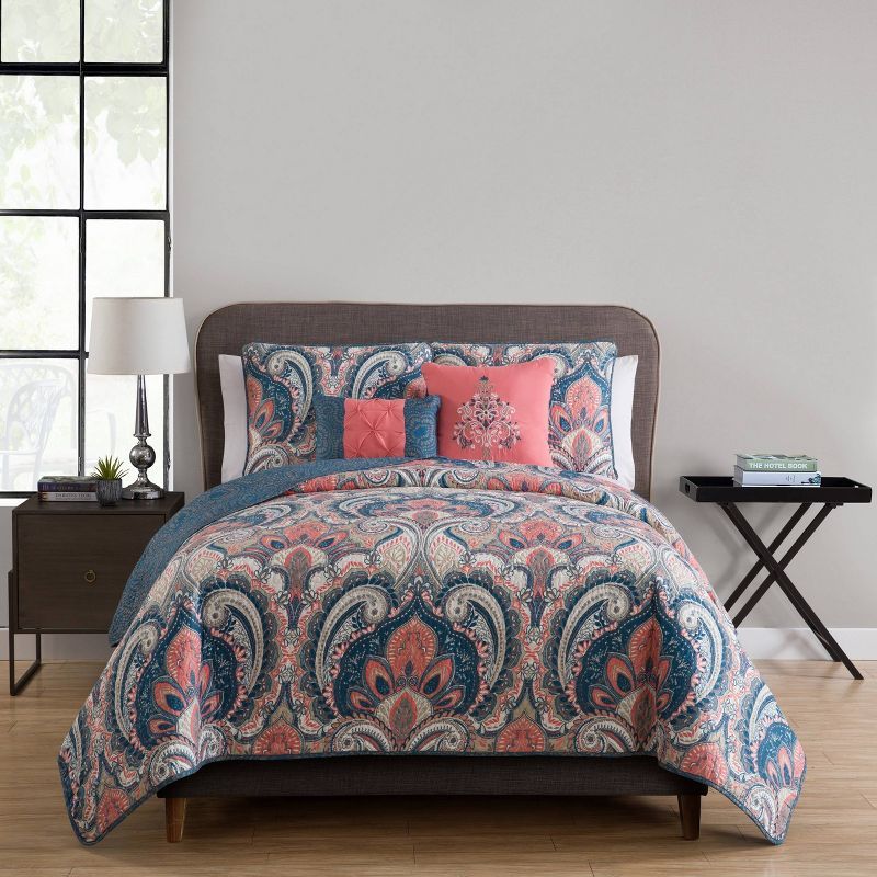 Coral and Blue Reversible Microfiber King Quilt Set