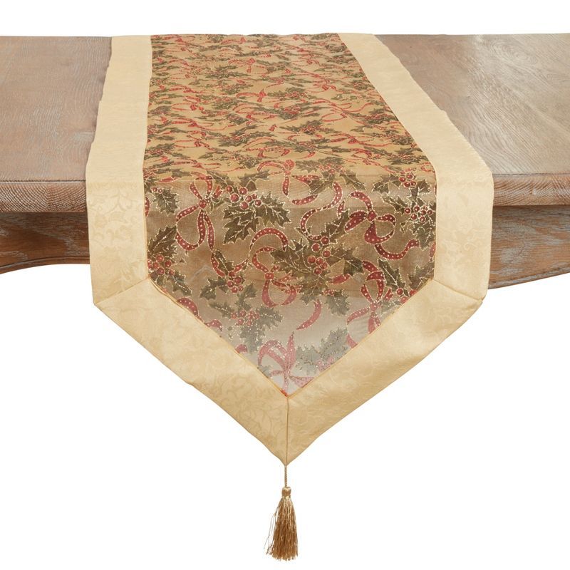 Golden Floral Christmas Table Runner with Tassel Trim