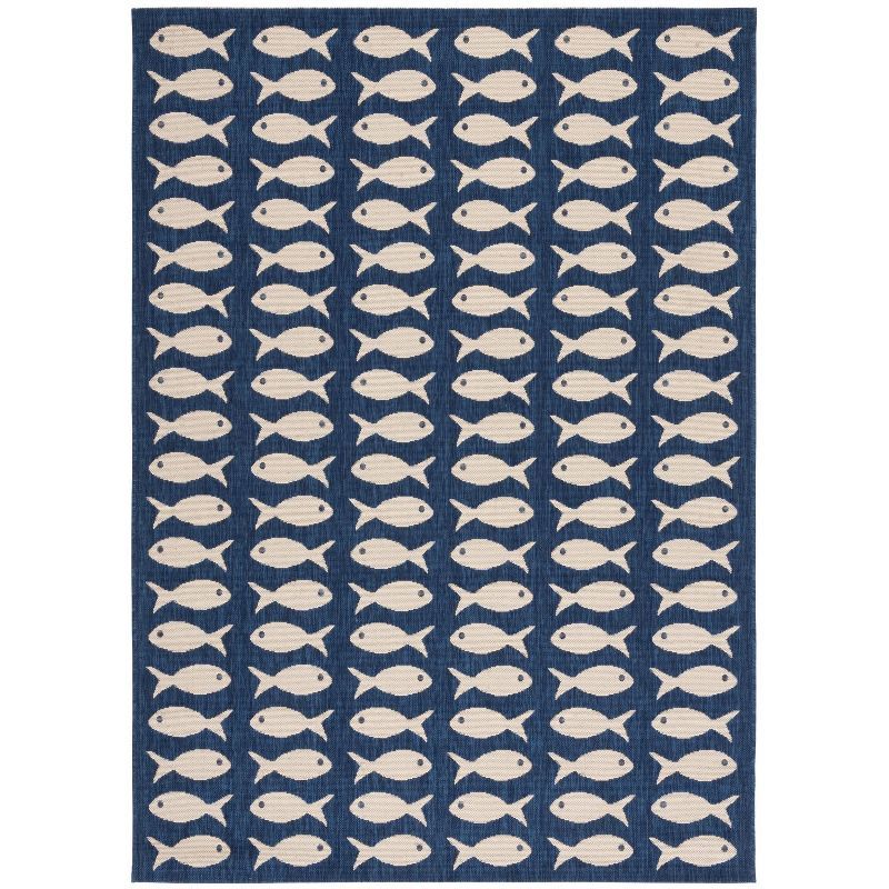 Navy and Beige Synthetic 5' x 7' Easy-Care Outdoor Area Rug