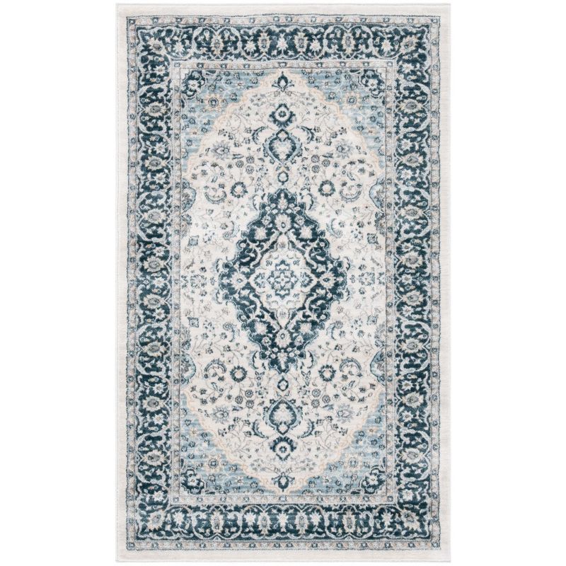 Isabella Cream and Dark Blue Synthetic Area Rug, 4' x 6'