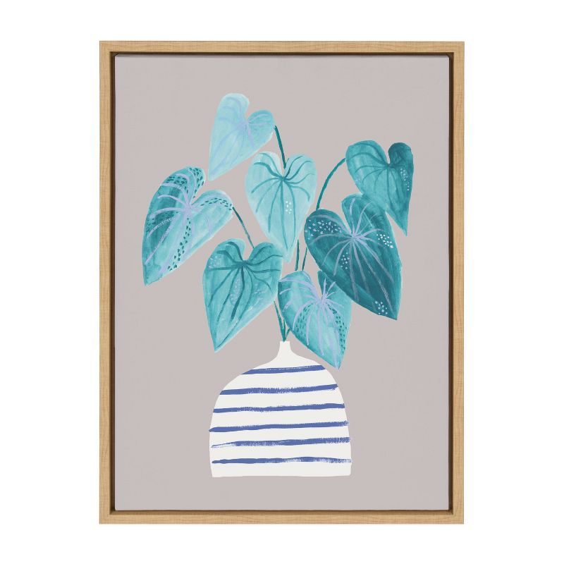 Minimalist Blue and Gray Houseplant Canvas Print with Natural Frame