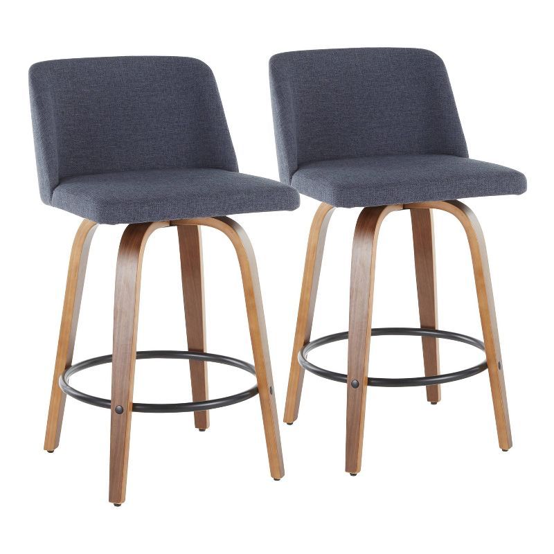 Walnut and Blue Mid-Century Modern Swivel Counter Stools, Set of 2