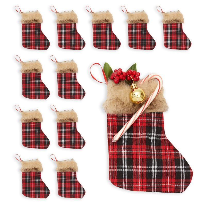 Set of 12 Red Buffalo Plaid Mini Christmas Stockings with Faux Fur Trim