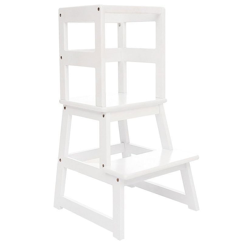 White Wooden 2-Step Kids Kitchen Step Stool with Safety Rail