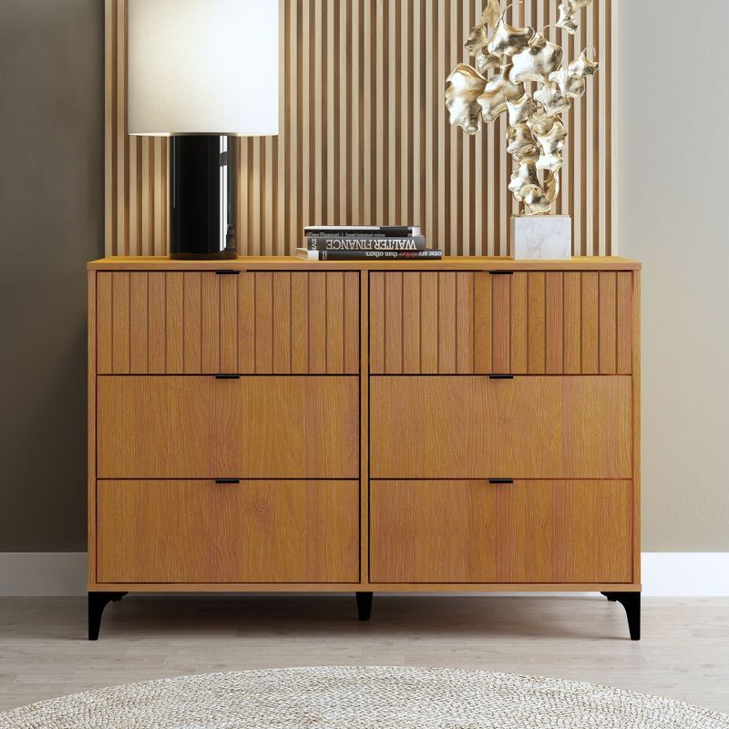 Amber Walnut 6-Drawer Modern Wide Dresser with Interlocking System