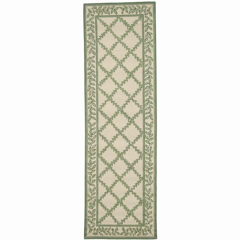 Ivory and Light Green Wool Floral Tufted Runner Rug, 2'6" x 12'