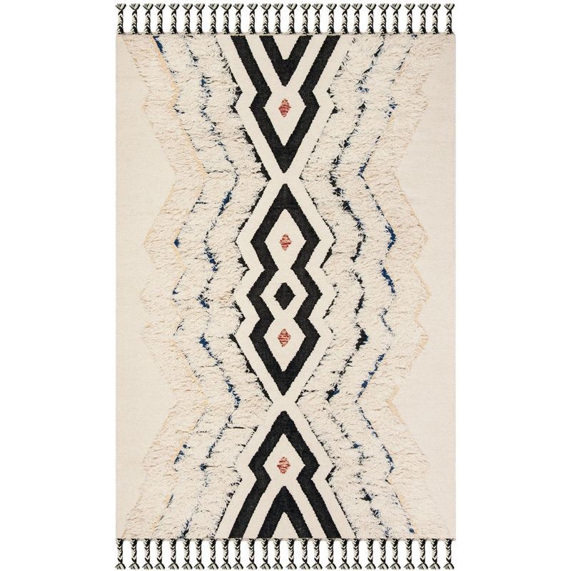 Ivory and Black Geometric Hand-Knotted Wool Rug, 4' x 6'