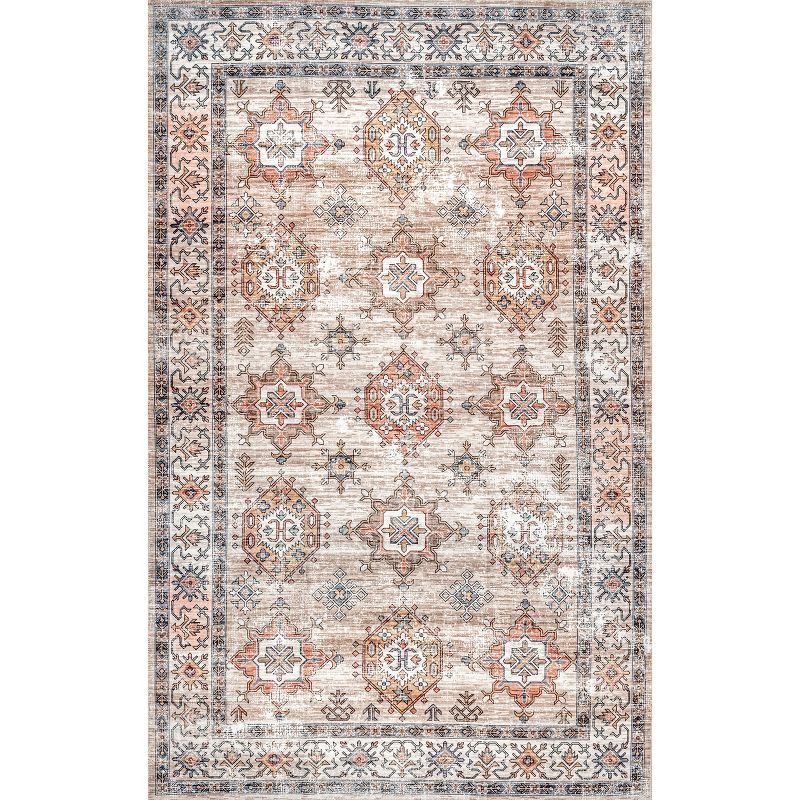 Beige and Ivory Synthetic 8' x 10' Washable Area Rug