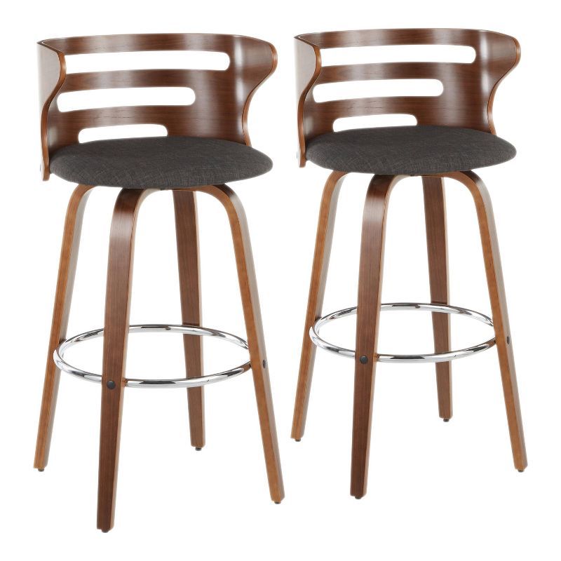 Mid-Century Modern Charcoal Upholstered Swivel Barstool with Walnut Wood