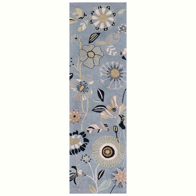 Blue Floral Hand-Hooked Synthetic Runner Rug