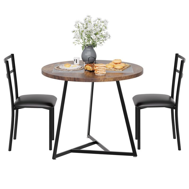 Rustic Brown Round Dining Table Set with Black Metal Frame and Upholstered Chairs