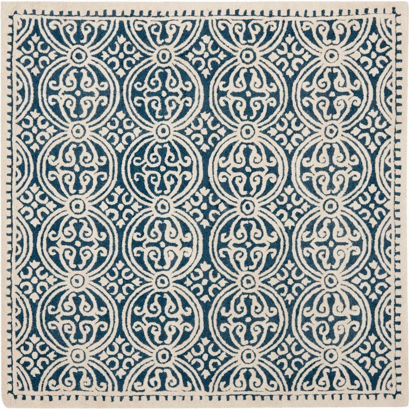 Navy Blue and Ivory Wool Hand-Tufted Square Area Rug