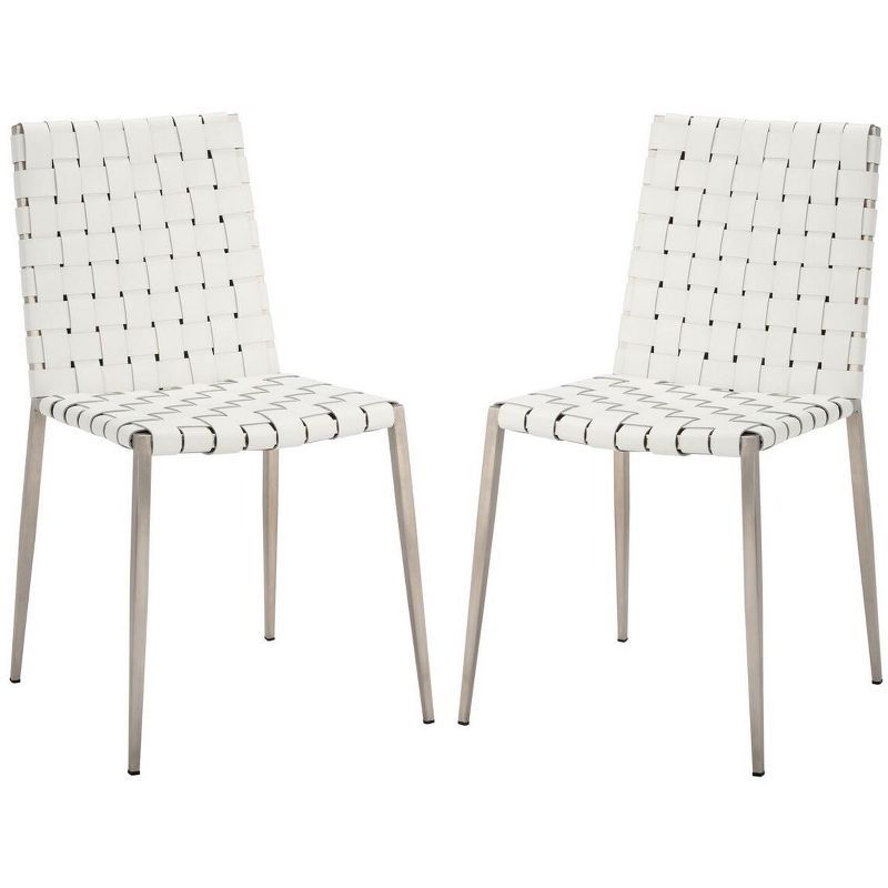 White Leather Upholstered Parsons Side Chair with Metal Base