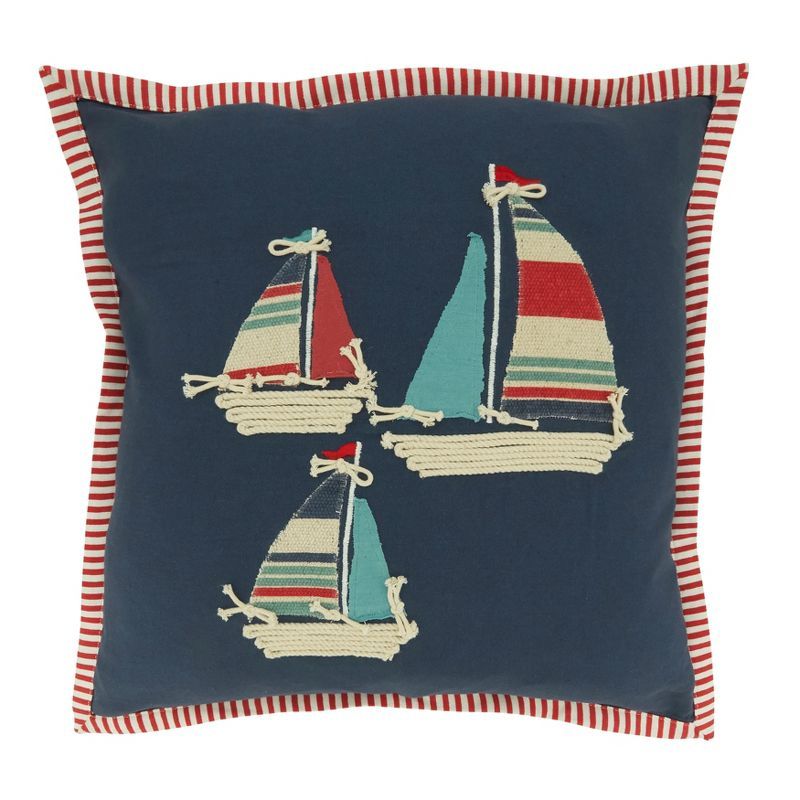 Navy Sail Boats Appliqué Square Throw Pillow