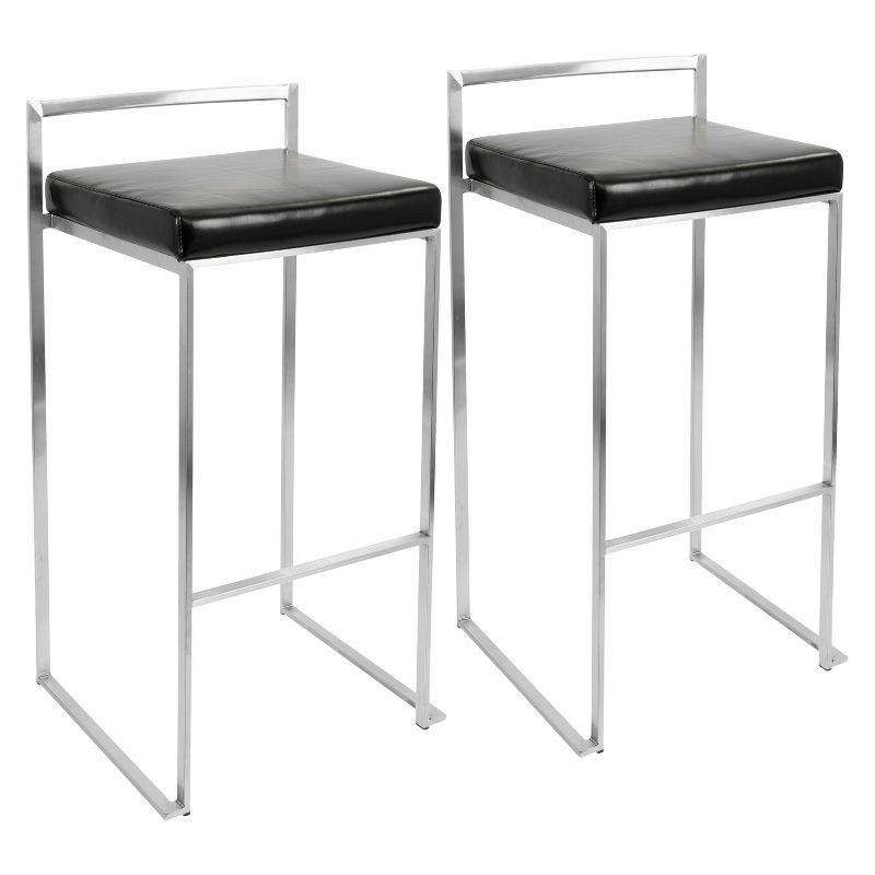 Contemporary Fuji 30" Black Leather & Metal Barstools, Set of 2