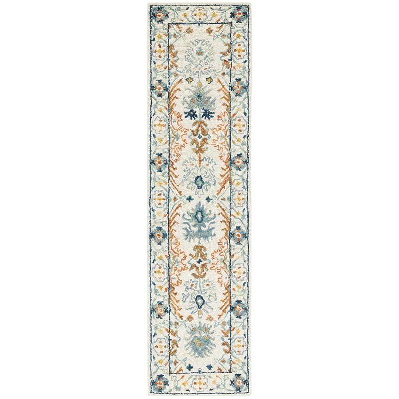 Handmade Ivory and Blue Floral Wool Runner Rug