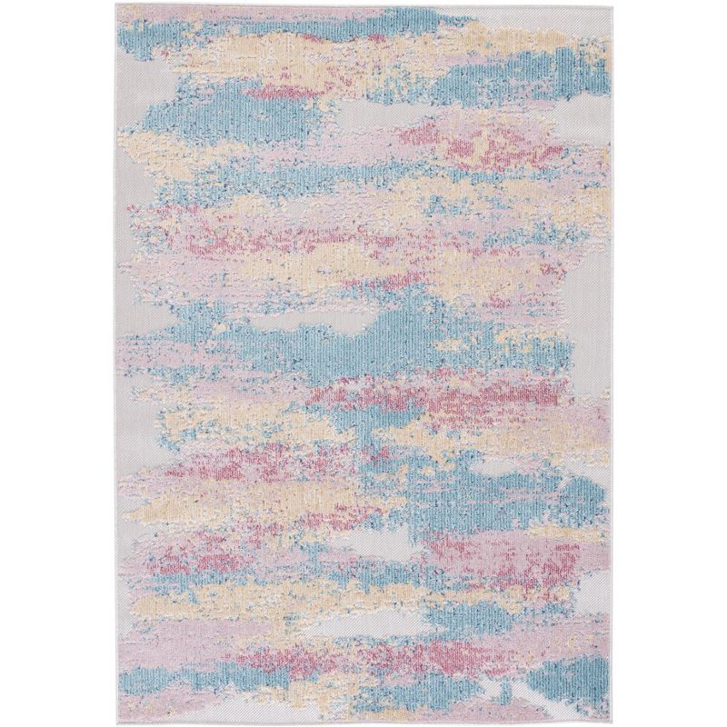 Aqua and Pink Geometric Synthetic Indoor/Outdoor Area Rug