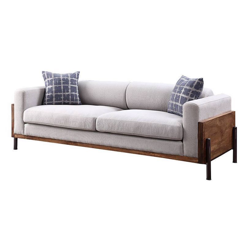 Pelton 91" Light Gray Linen Upholstered Sofa with Walnut Wood Frame