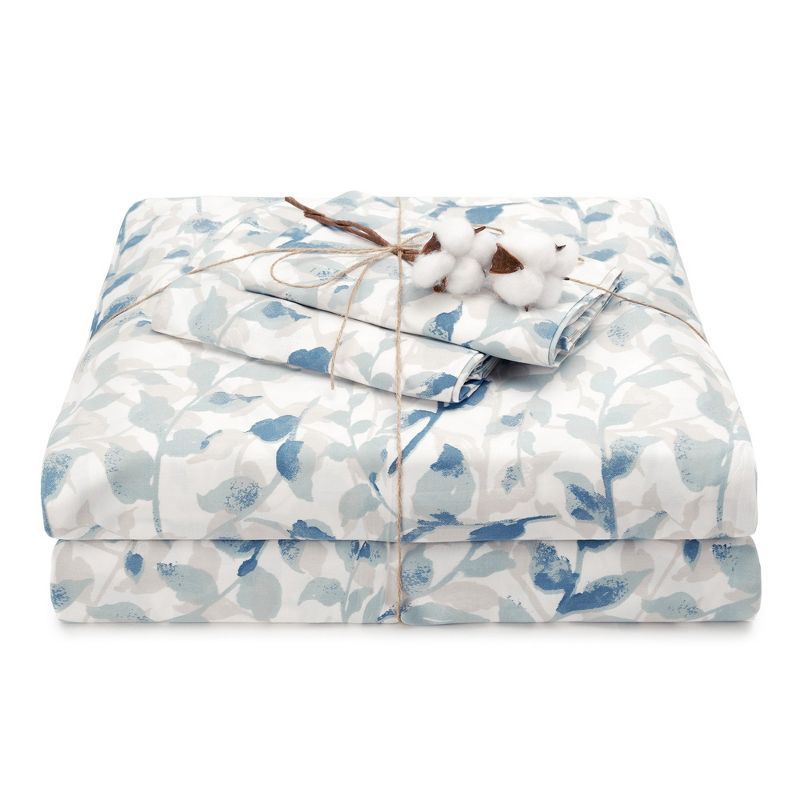 Queen Blue Botanical Organic Cotton Satin Sheet Set