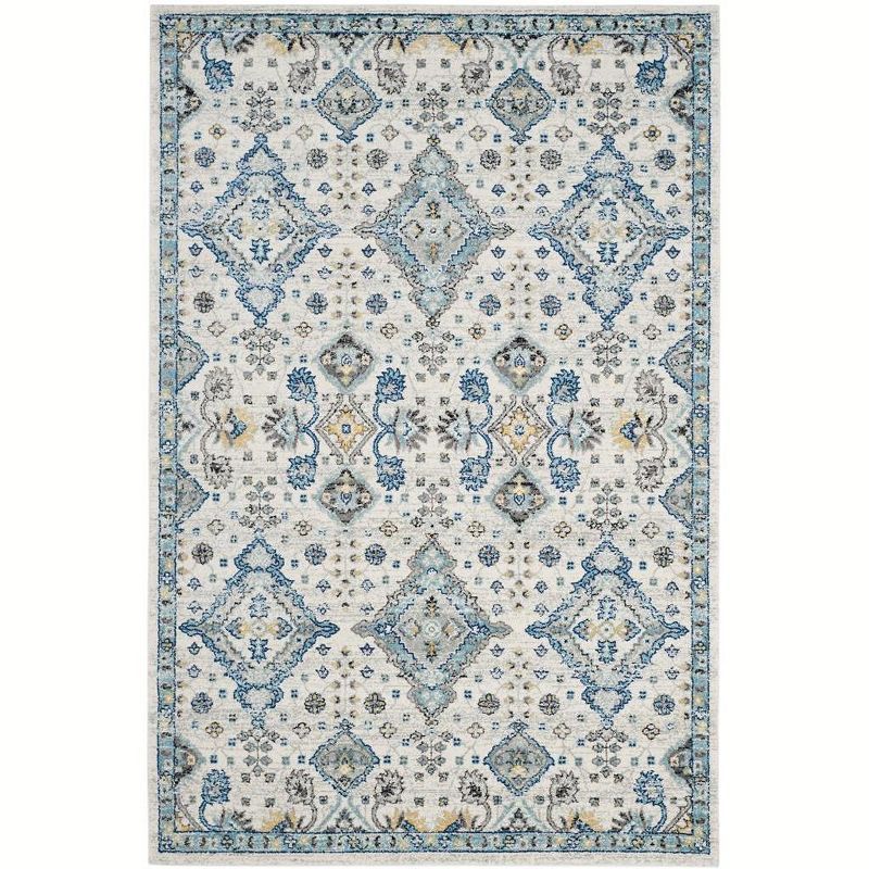 Ivory and Light Blue High Pile Synthetic Small Rug