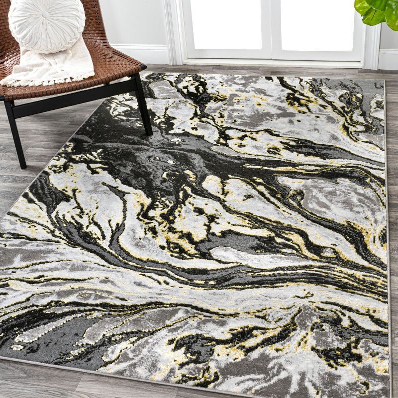 Abstract Swirl Marbled 4'x6' Black & Yellow Synthetic Rug