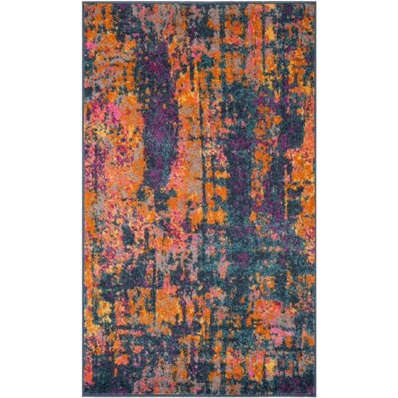 Blue and Orange Hand-Knotted Synthetic Area Rug