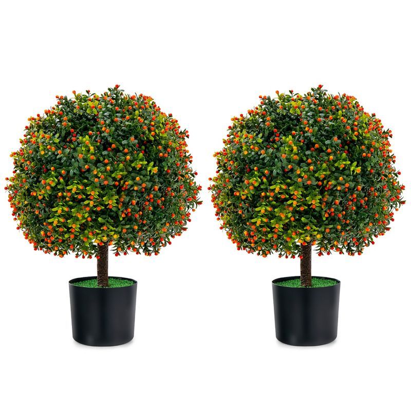 22'' Artificial Boxwood Topiary Ball Tree with Orange Fruits in Cement Pot