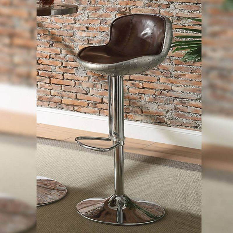 Vintage Brown Leather and Aluminum Adjustable Swivel Bar Stool