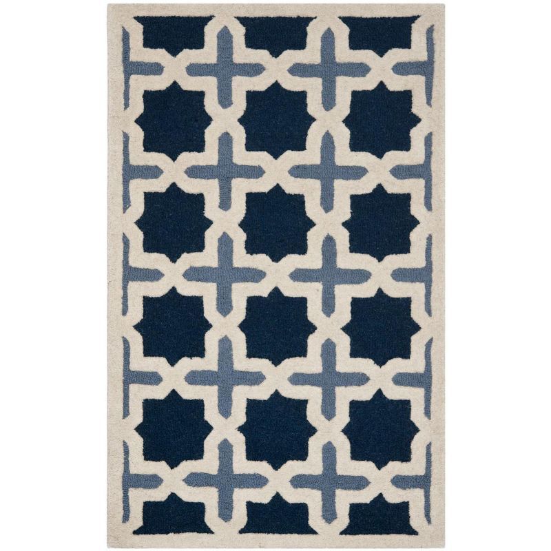 Blue and Ivory Geometric Tufted Wool Area Rug, 3' x 5'