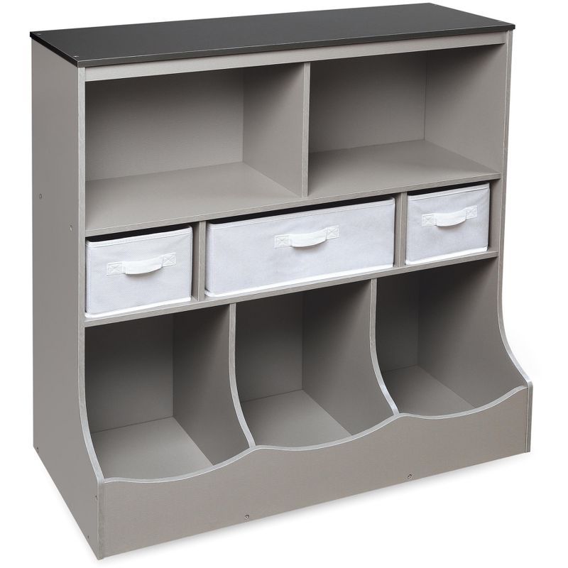 Versatile Gray Woodgrain Storage Unit with Baskets for Kids