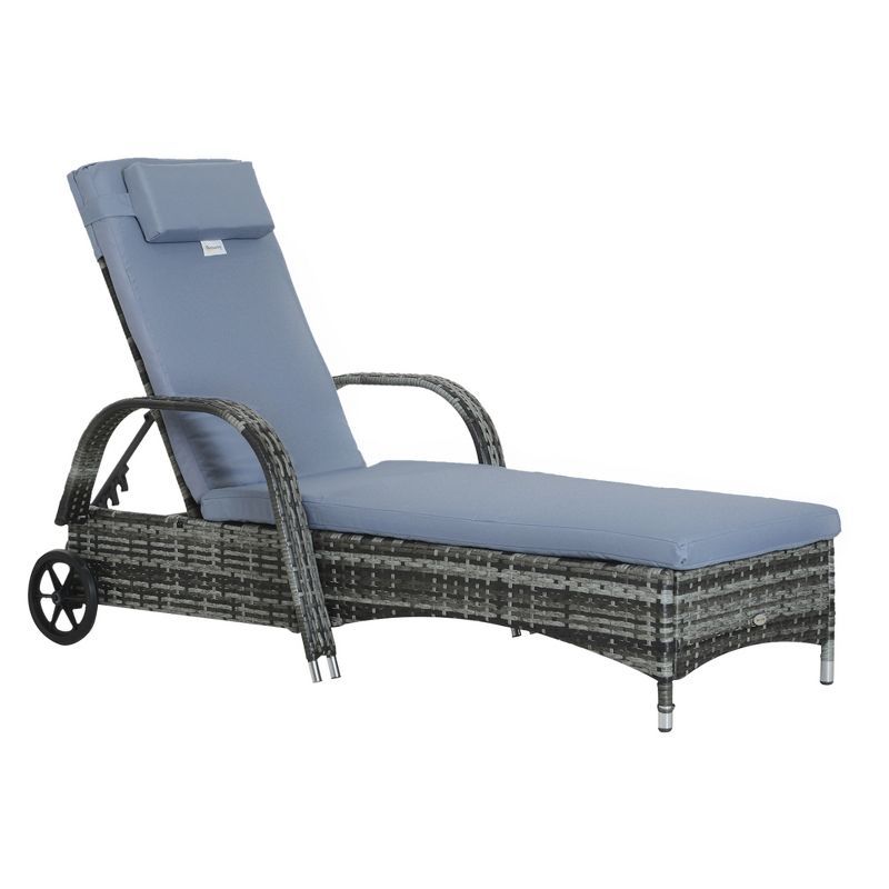 Blue Steel Wicker Chaise Lounge with Cushion and Wheels