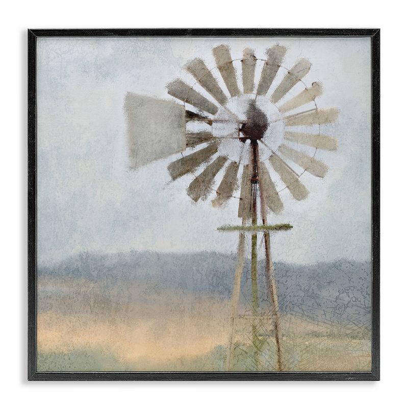 Neutral Blue Windmill Breeze Farmhouse Landscape Canvas Print with Black Wood Frame