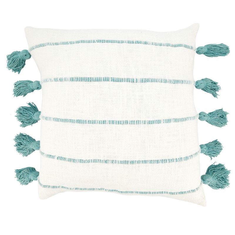 Mint and White Cotton Tassel Stripe 18" Throw Pillow