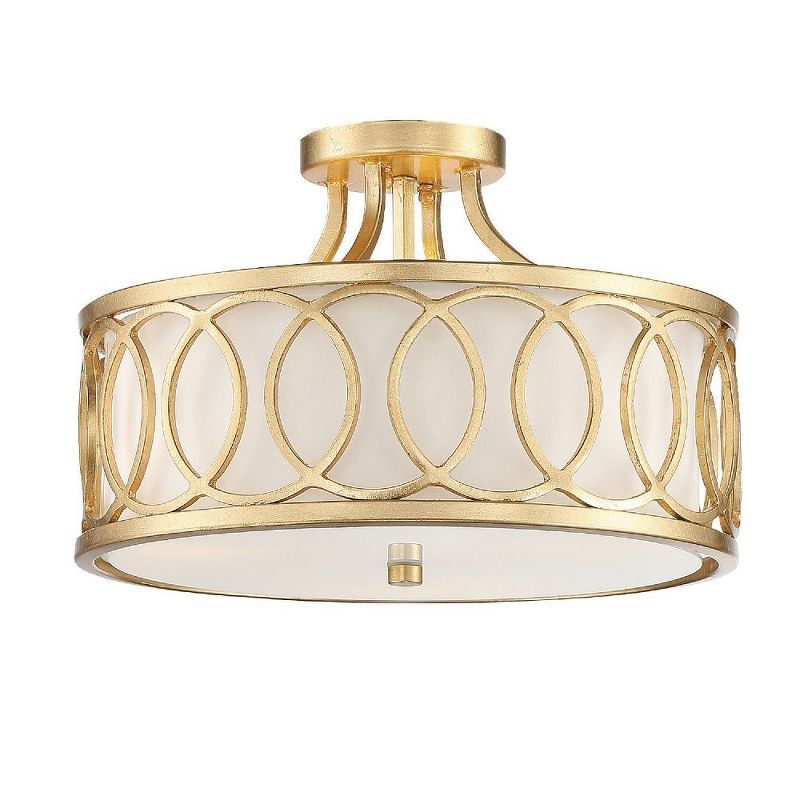 Libby Langdon Antique Gold Circular 3-Light Semi-Flush Mount with White Silk Shade