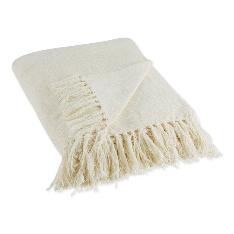 Cream Knitted Chenille Throw Blanket with Fringe