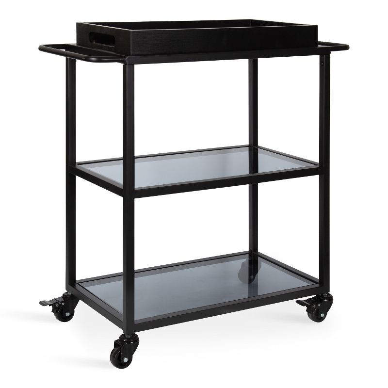 Black Metal Bar Cart with Glass Shelves and Tray