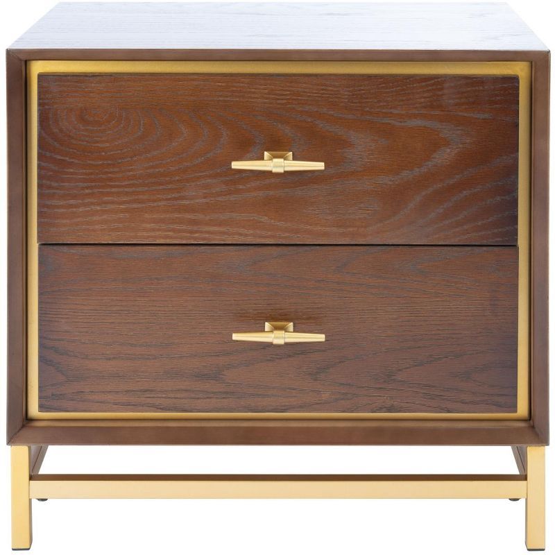 Walnut and Brass 2 Drawer Modern Nightstand with Gold Trim