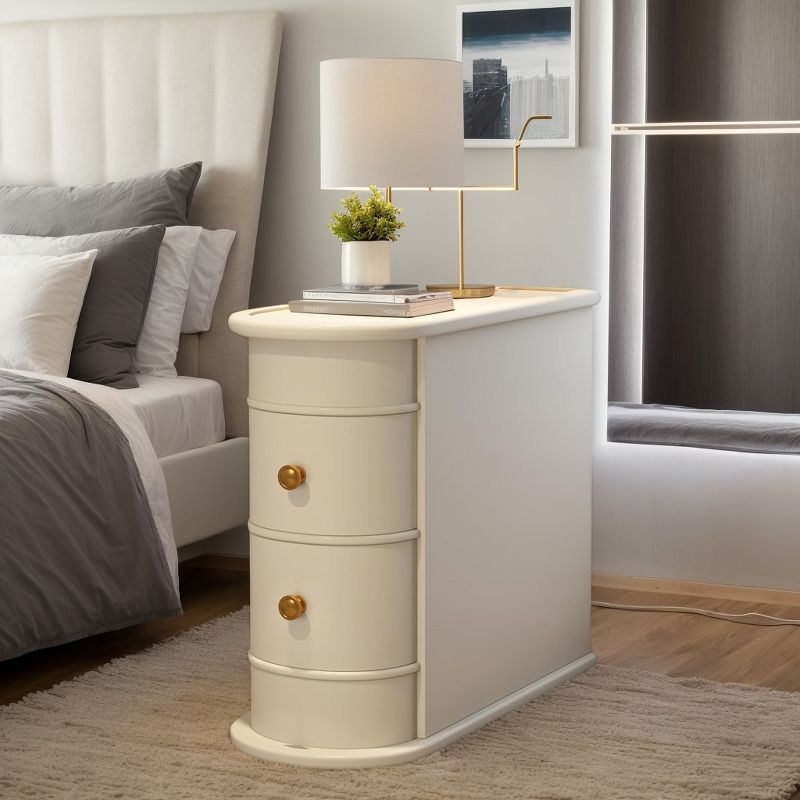 Off-White Round Wood Nightstand with Gold Handles and Storage