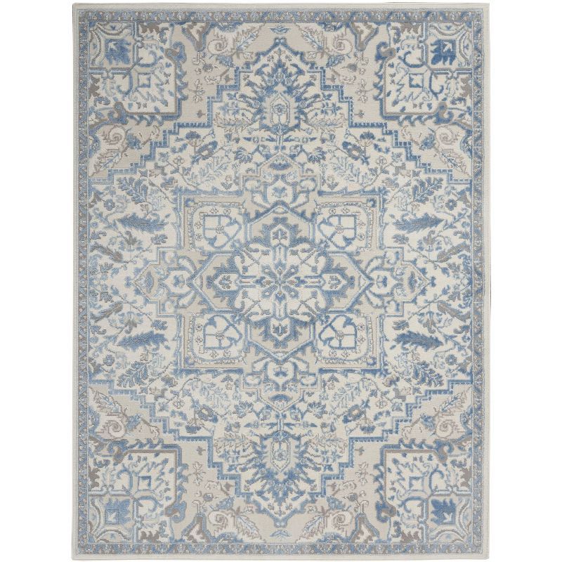 Ivory Blue Floral Synthetic Rectangular Rug 8' x 10'
