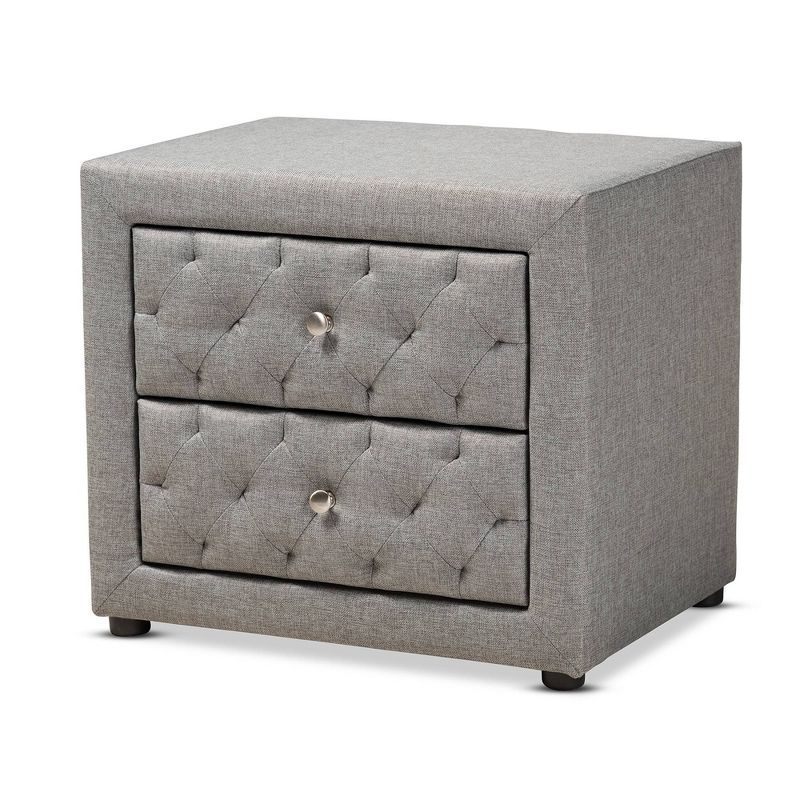 Lepine Gray Tufted 2-Drawer Wood Nightstand with Silver Knobs