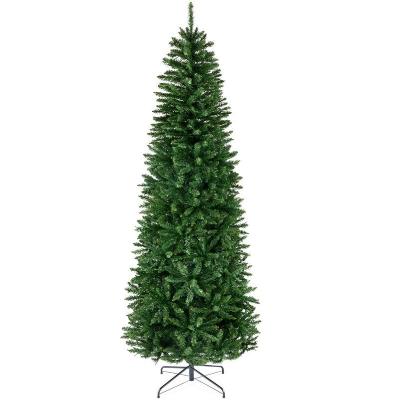 9ft Green Synthetic Spruce Pencil Christmas Tree with Metal Stand