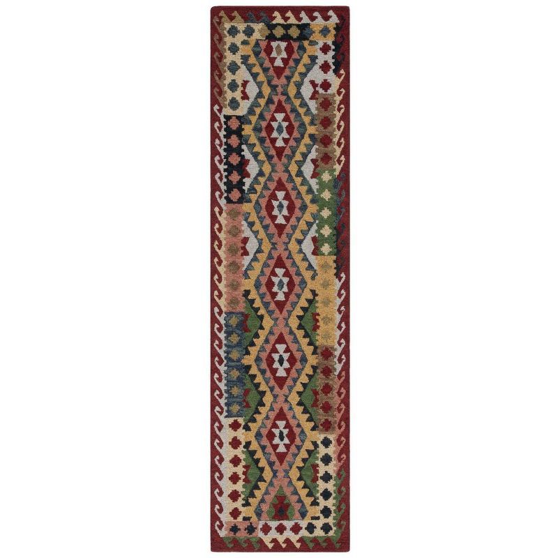 Handmade Red and Green Wool Tribal Runner Rug, 2'3" x 9'