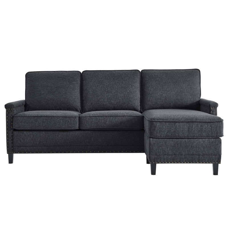 Charcoal Fabric Sectional Sofa with Nailhead Trim