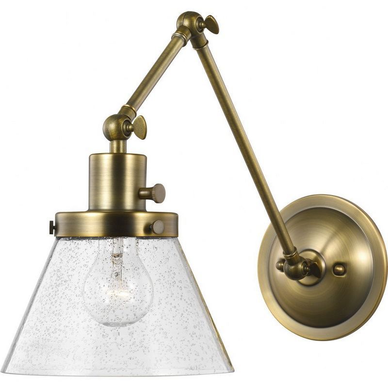 Vintage Brass Swing Arm Wall Sconce with Seeded Glass Shade