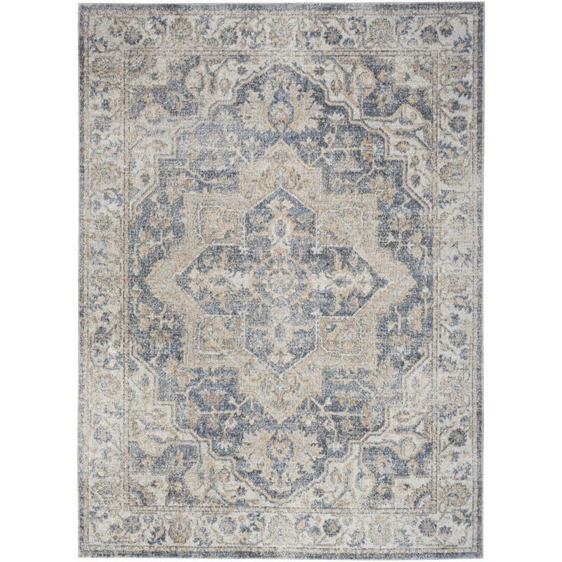 Grey and Blue Floral Medallion Washable Area Rug 5'3" x 7'