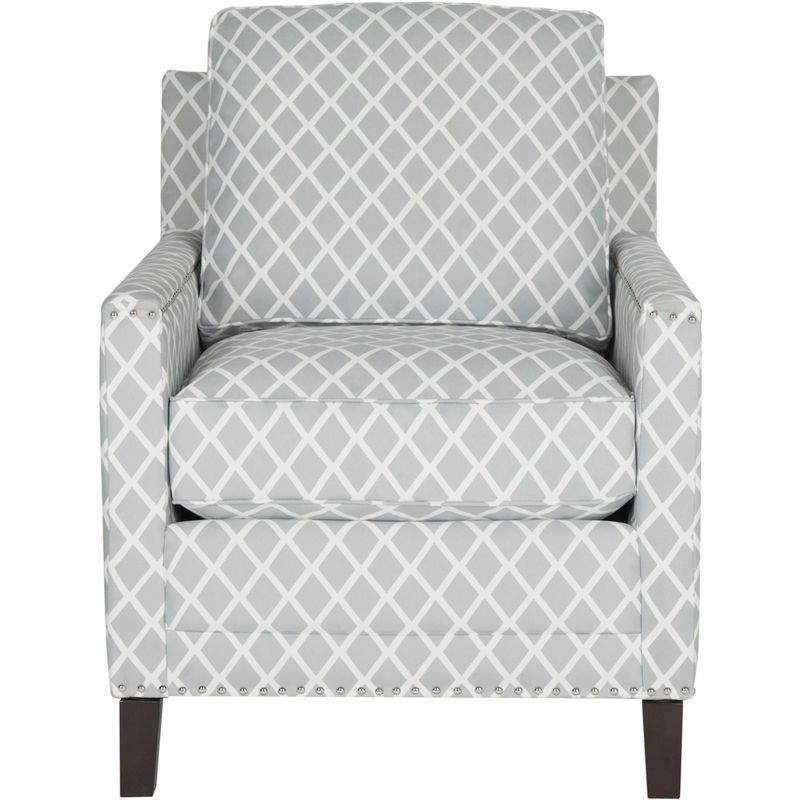 Gray and White Plaid Leather Club Chair with Wood Legs